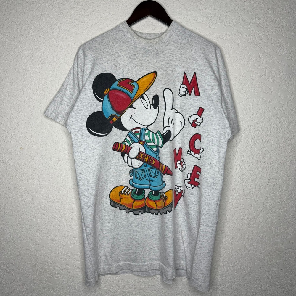 Vintage Disney Mickey Mouse Streetwear Graphic T-Shirt Gray 90s Large